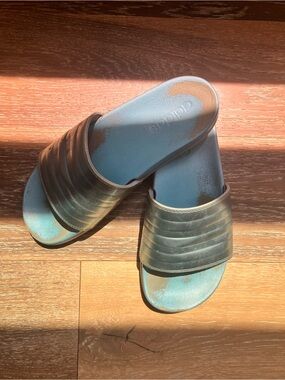 Adidas metallic blue slide sandals comfort foam sz men 8 fits women 9 10 SALE